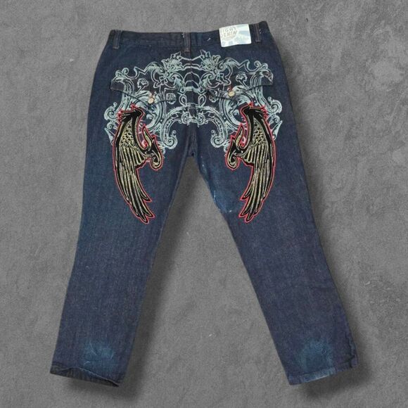 Y2K Jungle 8ight Embroidered Baggy Jeans With Wings 40x32 Streetwear - Picture 1 of 7